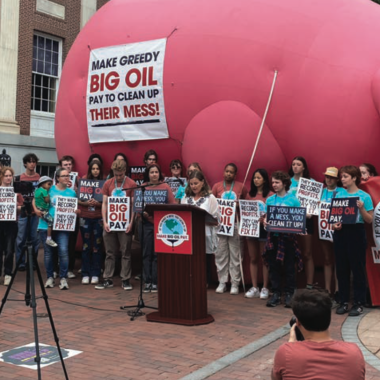 VCV's Executive Director, Lauren Hierl, speaks at the launch of the Make Big Oil Pay campaign in Burlington